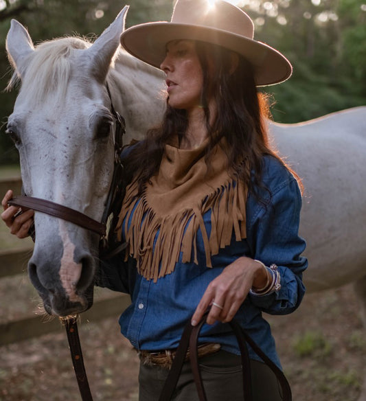 Texas Cowboy Fringe Collar in Palomino Tan Suede Color