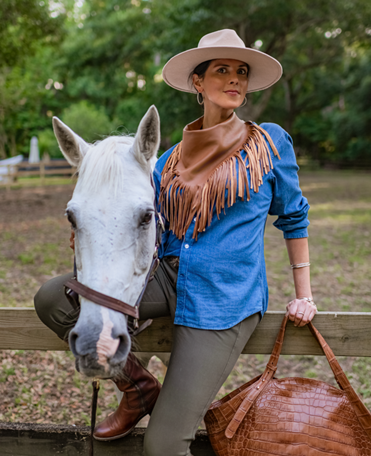 Texas Cowboy Fringe Collar in Cognac Nappa Saddle Color and Suede