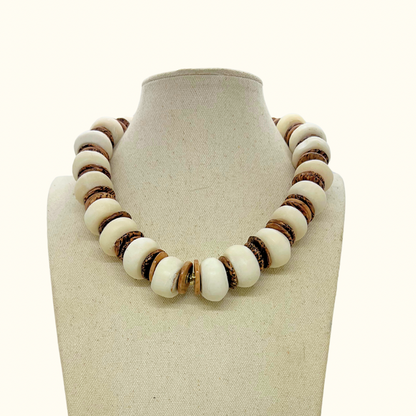 Zebra Coconut Wood and Bone Bead Necklace