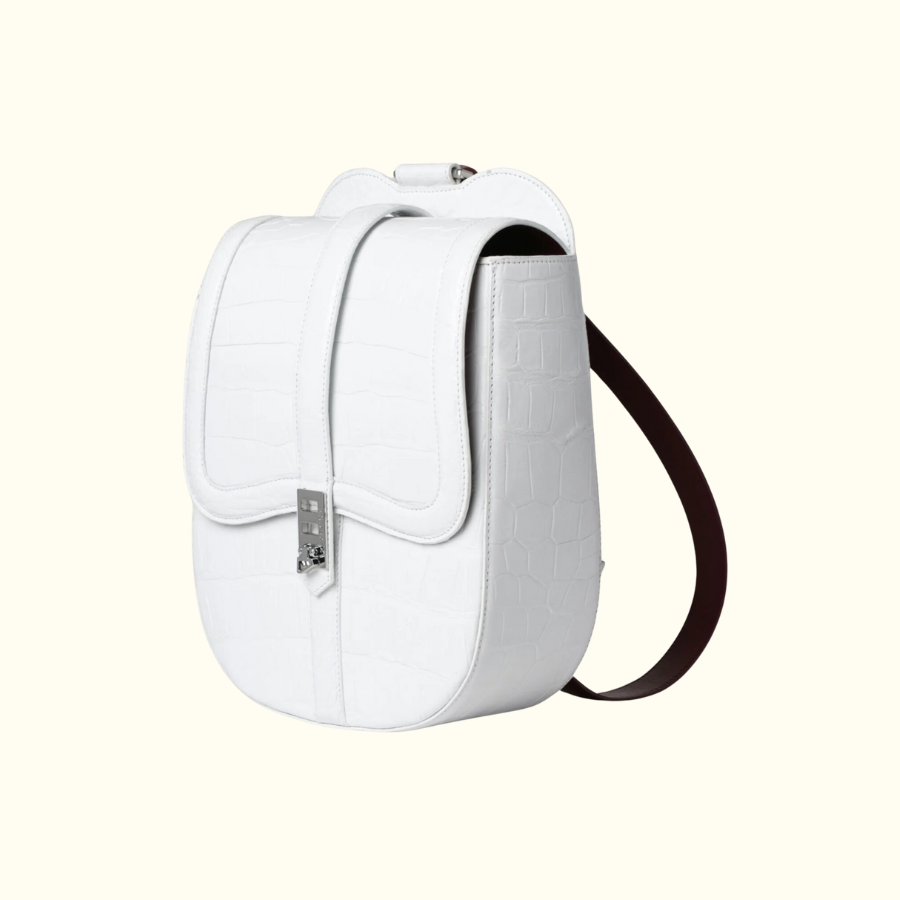 Roubaix Piper Backpack in White Alligator with Maroon Straps in Silver