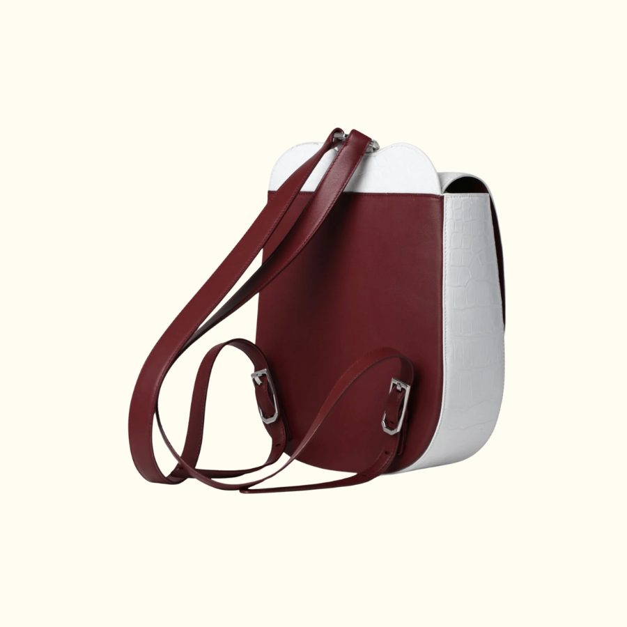 Roubaix Piper Backpack in White Alligator with Maroon Straps in Silver