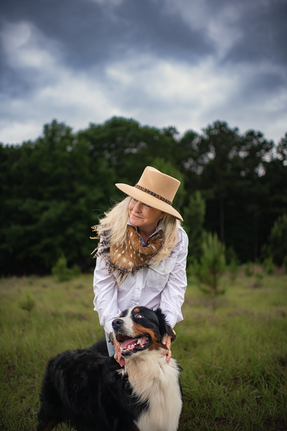 Norton and Hodges Britta Wool hat with Pheasant Feather Band and Damara Axis Spotted Collar on shooting instructor Elizabeth Fennell