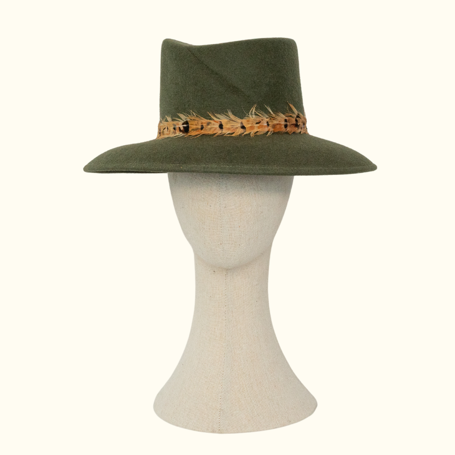 The Sue Key in Olive Wool with Golden Light Feather Hatband - Norton and Hodges